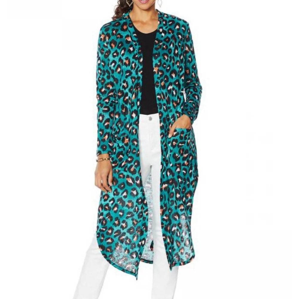 G by Giuliana Leopard Printed Slub Knit Duster Cardigan, size MP